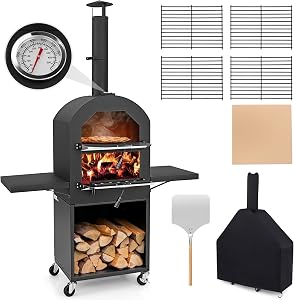 Giantex Pizza Oven Outdoor - Wood Fired Pizza Oven with 2 Side Tables, Pizza Stone, Pizza